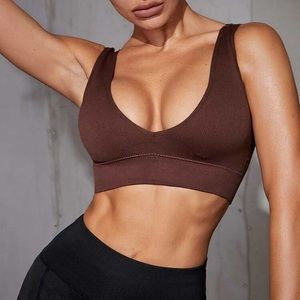 Coffee brown vneck ribbed sports bra